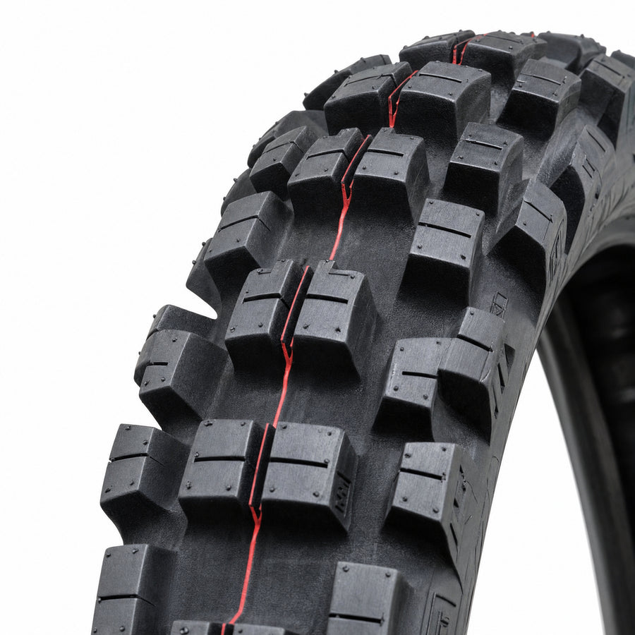 Neumático trasero motocross Eurotaff PX41 110/90/19 — macro del dibujo de la banda de rodadura
