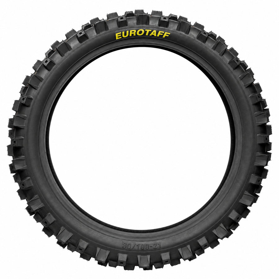 Neumático delantero motocross Eurotaff PX31 80/100/21 — vista lateral del flanco sobre fondo blanco