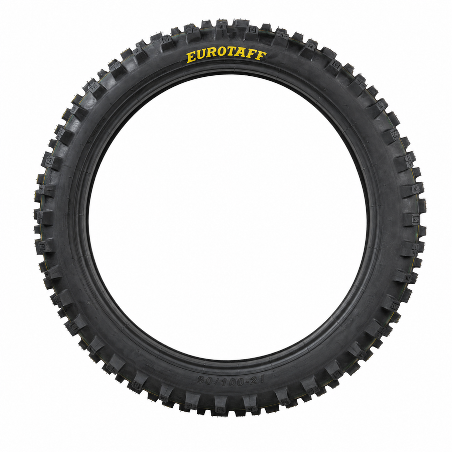 Neumático delantero enduro Eurotaff PX33 90/100-21 — vista lateral del flanco sobre fondo blanco