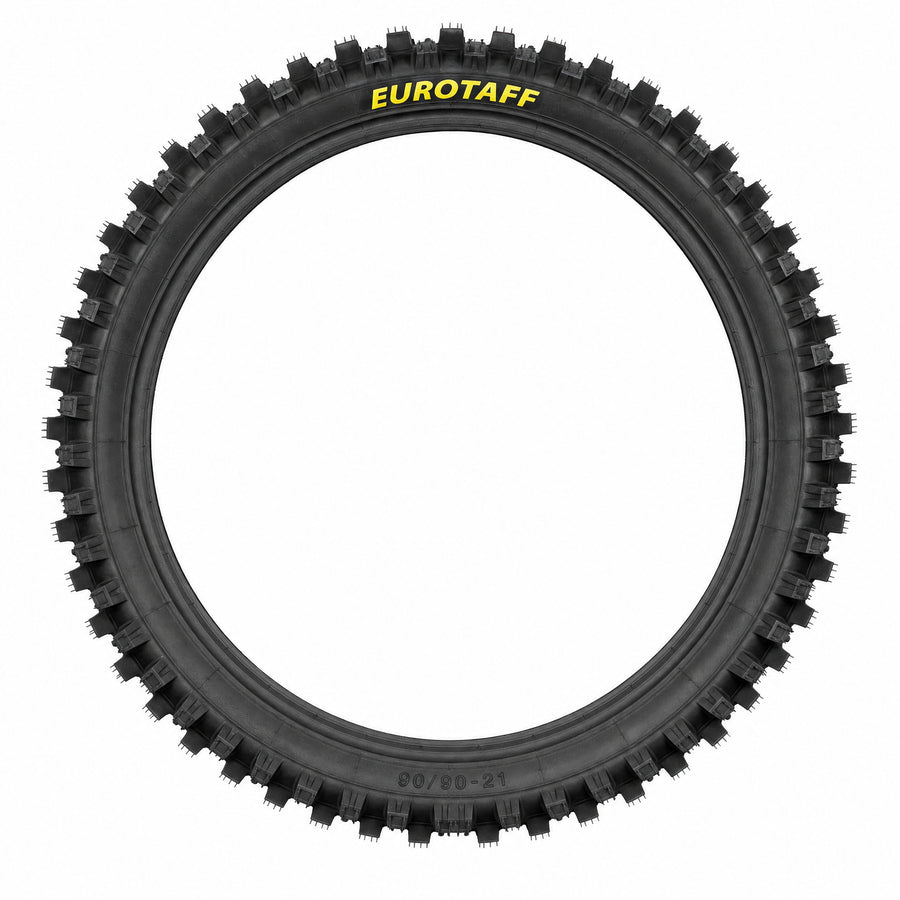 Neumático delantero enduro Eurotaff PX33 90/90-21 — vista lateral del flanco sobre fondo blanco